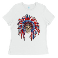 White american flag indian headdress with skull Ladies Tee - RanaPortraitStore