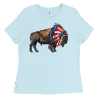 Baby Blue american bison with indian headdress Ladies Tee - RanaPortraitStore