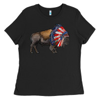 Black american bison with indian headdress Ladies Tee - RanaPortraitStore