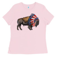 Bubblegum Pink american bison with indian headdress Ladies Tee - RanaPortraitStore