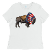 White american bison with indian headdress Ladies Tee - RanaPortraitStore