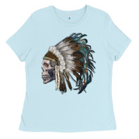 Baby Blue skull with indian headdress Ladies Tee - RanaPortraitStore