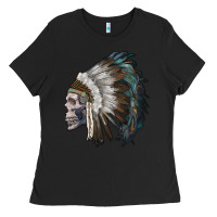 Black skull with indian headdress Ladies Tee - RanaPortraitStore