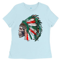 Baby Blue mexican indian headdress with skull Ladies Tee - RanaPortraitStore