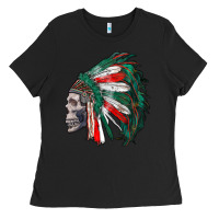 Black mexican indian headdress with skull Ladies Tee - RanaPortraitStore