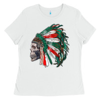 White mexican indian headdress with skull Ladies Tee - RanaPortraitStore