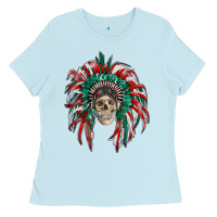 Baby Blue mexican flag indian headdress with  skull Ladies Tee - RanaPortraitStore