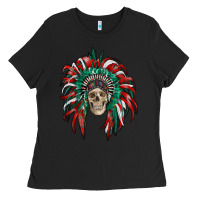 Black mexican flag indian headdress with  skull Ladies Tee - RanaPortraitStore