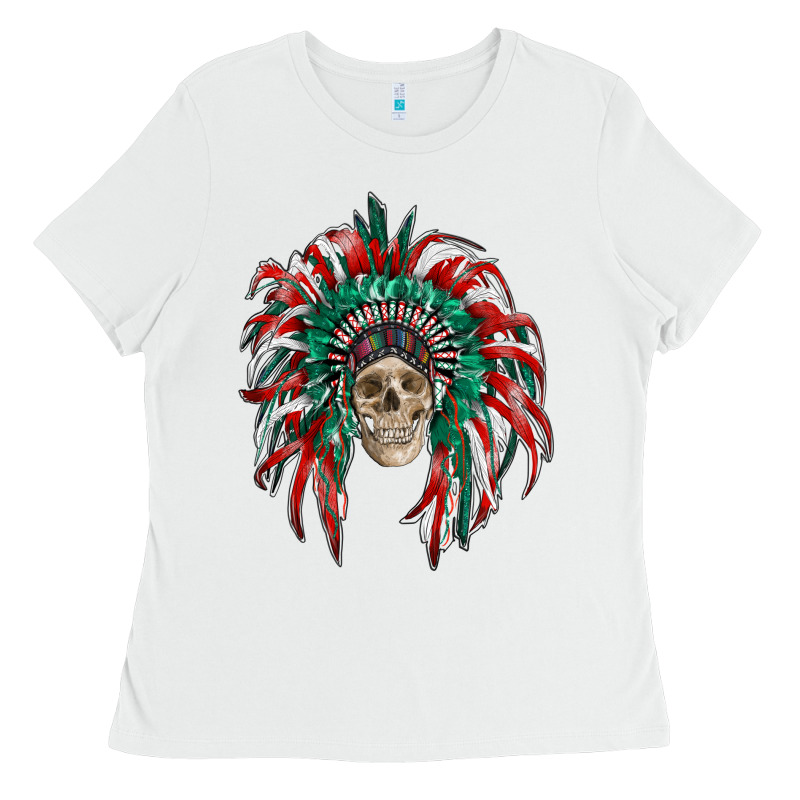 Mexican Flag Indian Headdress With  Skull Ladies Tee by RanaPortraitStore | Teevron