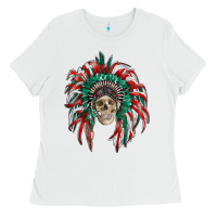 White mexican flag indian headdress with  skull Ladies Tee - RanaPortraitStore