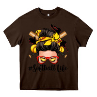 Chocolate Brown softball life messy bun Heavy Core Tee - Zillion Design Studio