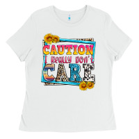 White caution i really don't care Ladies Tee - Zillion Design Studio