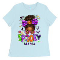 Baby Blue Halloween Afro Messy Bun Spooky Mama Ladies Tee - texasbilliewilder