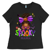 Black Halloween Afro Messy Bun Spooky Mama Ladies Tee - texasbilliewilder