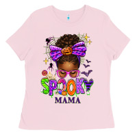 Bubblegum Pink Halloween Afro Messy Bun Spooky Mama Ladies Tee - texasbilliewilder