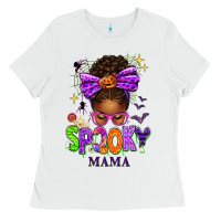 White Halloween Afro Messy Bun Spooky Mama Ladies Tee - texasbilliewilder