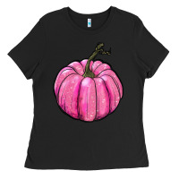Black breast cancer awereness pumpkin Ladies Tee - RanaPortraitStore