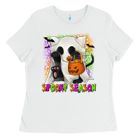 White Spooky Season Ghost Cat Ladies Tee - texasbilliewilder