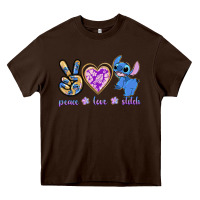 Chocolate Brown peace love stitch Heavy Core Tee - texasbilliewilder