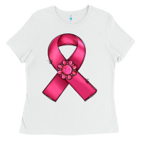 White breast cancer awareness ribbon Ladies Tee - RanaPortraitStore