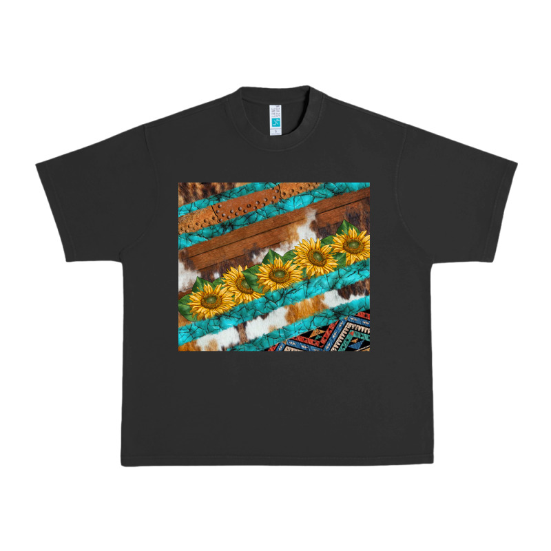 Western Aztec Sunflowers Turquoise Cowhide Urban Heavy Tee by BarkalooDesign | Teevron