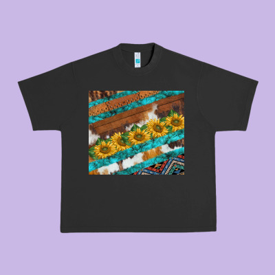 Western Aztec Sunflowers Turquoise Cowhide Urban Heavy Tee Designed By Barkaloodesign