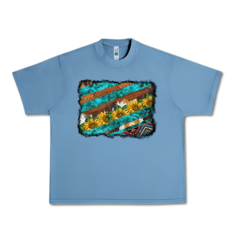 Western Aztec Sunflowers Turquoise Cowhide Background Urban Heavy Tee by BarkalooDesign | Teevron