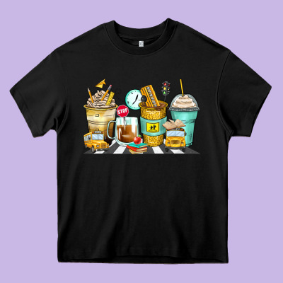 School Bus Coffee Cups Heavy Core Tee Designed By Zillion Design Studio