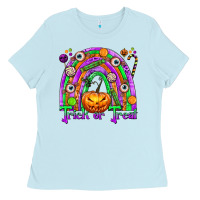 Baby Blue Trick or Treat Halloween Rainbow Ladies Tee - texasbilliewilder