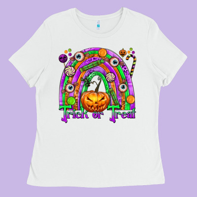 Trick Or Treat Halloween Rainbow Ladies Tee Designed By Texasbilliewilder