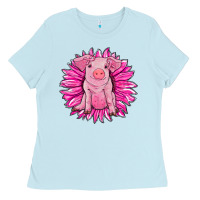 Baby Blue pink sunflower pig Ladies Tee - RanaPortraitStore