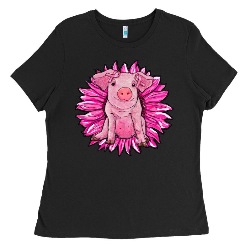 Pink Sunflower Pig Ladies Tee by RanaPortraitStore | Teevron