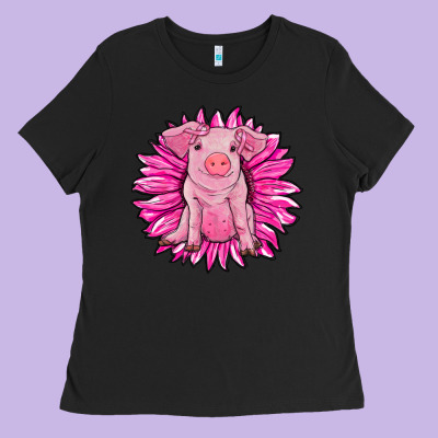 Pink Sunflower Pig Ladies Tee Designed By Ranaportraitstore