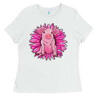 White pink sunflower pig Ladies Tee - RanaPortraitStore