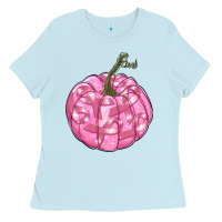 Baby Blue pink pumpkin with breast cancer ribbons Ladies Tee - RanaPortraitStore