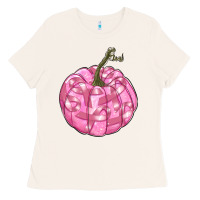 Bone pink pumpkin with breast cancer ribbons Ladies Tee - RanaPortraitStore