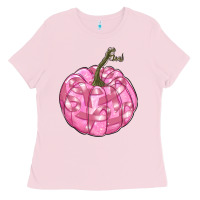 Bubblegum Pink pink pumpkin with breast cancer ribbons Ladies Tee - RanaPortraitStore