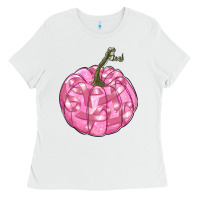 White pink pumpkin with breast cancer ribbons Ladies Tee - RanaPortraitStore
