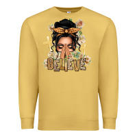 Antique Gold Black Hair Believe Praying Caucasian Messy Bun Premium Sweatshirt - texasbilliewilder