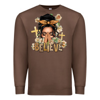 Chestnut Black Hair Believe Praying Caucasian Messy Bun Premium Sweatshirt - texasbilliewilder