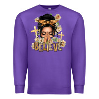 Purple Black Hair Believe Praying Caucasian Messy Bun Premium Sweatshirt - texasbilliewilder