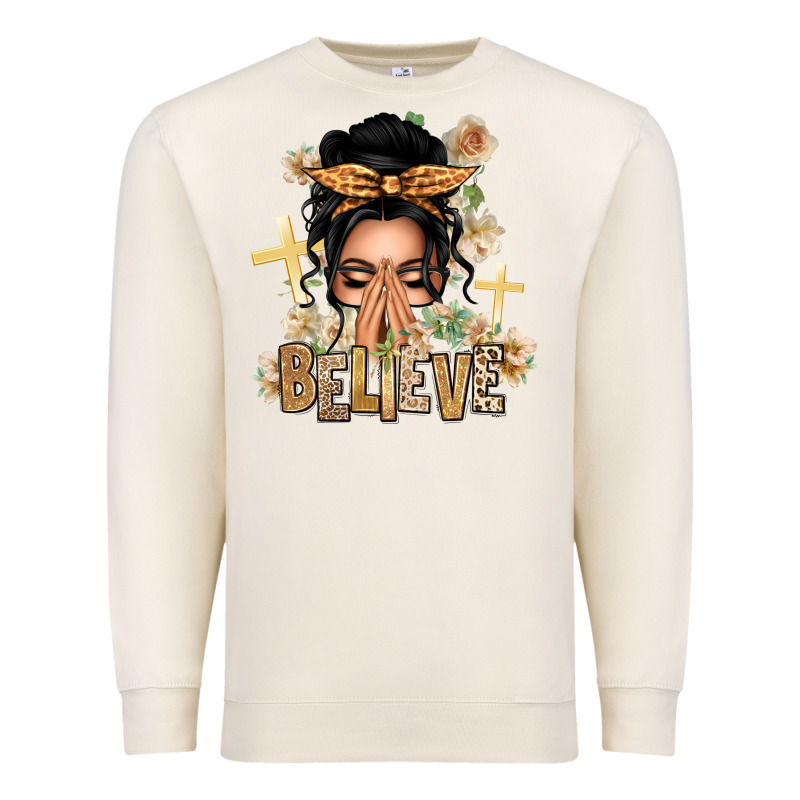 Black Hair Believe Praying Caucasian Messy Bun Premium Sweatshirt by texasbilliewilder | Teevron