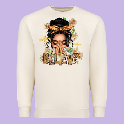 Black Hair Believe Praying Caucasian Messy Bun Premium Sweatshirt Designed By Texasbilliewilder