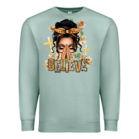 Seafoam Black Hair Believe Praying Caucasian Messy Bun Premium Sweatshirt - texasbilliewilder