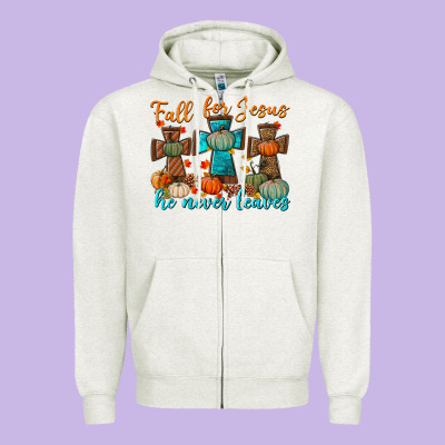 Fall For Jesus He Never Leaves Zipper Hoodie Designed By Bundleandbundleshop