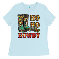 Baby Blue christmas cowboy boots ho ho howdy Ladies Tee - RanaPortraitStore