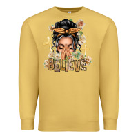 Antique Gold Gray Hair Believe Praying Caucasian Messy Bun Premium Sweatshirt - texasbilliewilder