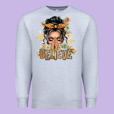 Gray Hair Believe Praying Caucasian Messy Bun Premium Sweatshirt Designed By Texasbilliewilder