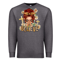 Charcoal Heather Red Hair Believe Praying Caucasian Messy Bun Premium Sweatshirt - texasbilliewilder