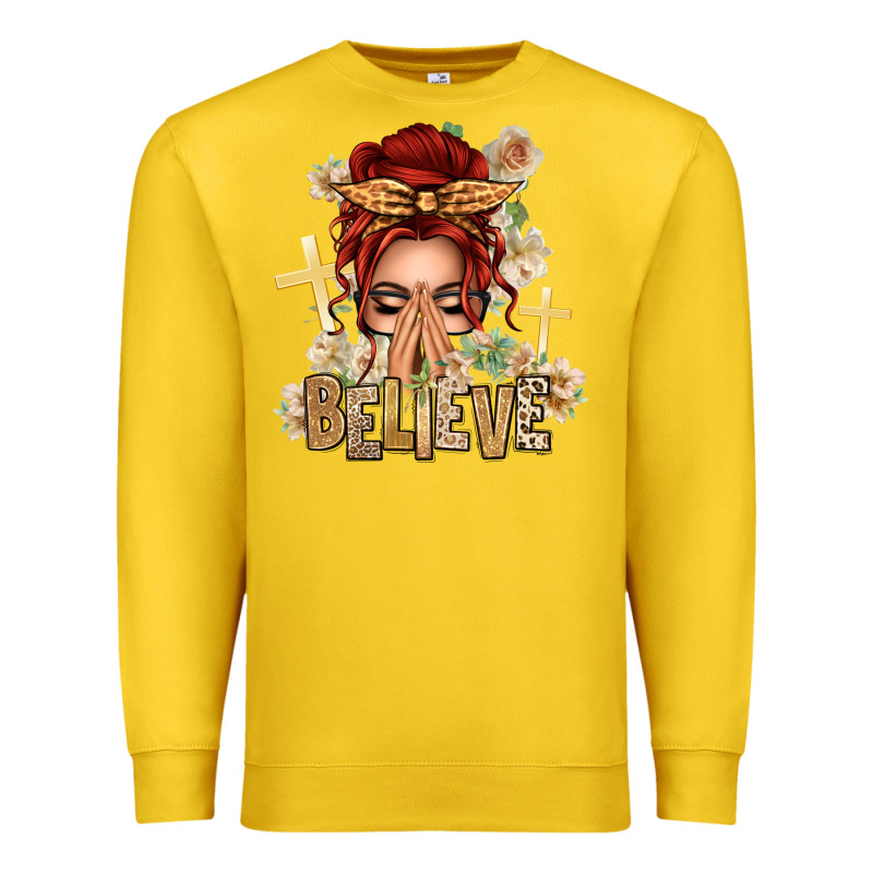 Red Hair Believe Praying Caucasian Messy Bun Premium Sweatshirt by texasbilliewilder | Teevron